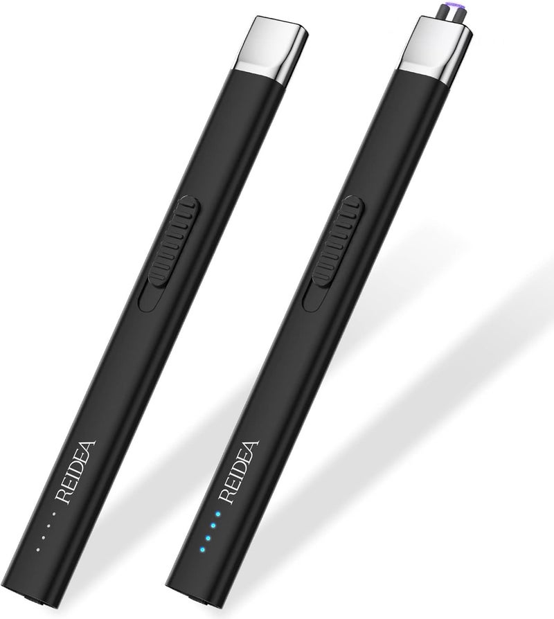 REIDEA ولاعة كهربائية 2 حزمة، مقاومة للرياح بدون لهب قابلة لإعادة الشحن عبر USB مع زر أمان ومؤشر طاقة للشمع والشواء والألعاب النارية، أسود أوبسيديان - Image 1